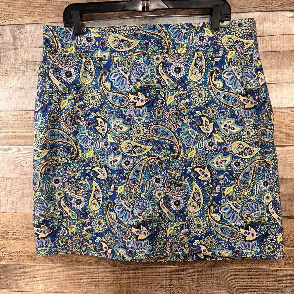 Talbots Paisley Print A-Line Skirt Blue Yellow Purple Cotton Spandex Size 16